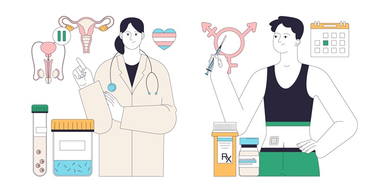 Illustration einer Ärztin sowie einer Person mit Geschlechtsinkongruenz